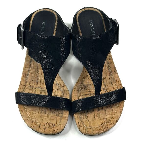 Donald J. Pliner Dylan Cork Wedge Thong Sandals Womens 7M Black Leather Straps - Picture 3 of 9